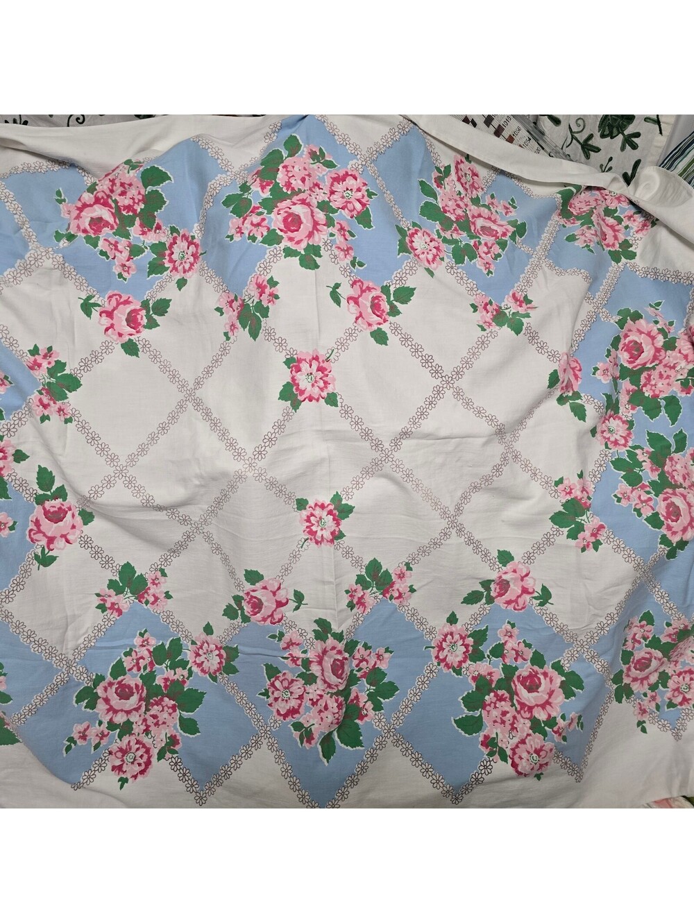 Vintage Floral Tablecloth with Pink Roses and Blue Accents